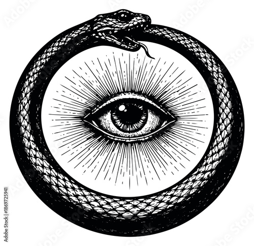 Hand drawn line art illustration of Ouroboros with the Eye of Providence depicting eternity and wisdom for spiritual and mystical concepts