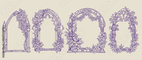 Gothic window frame vector set, hand drawn medieval cloister arch borders with floral vines and flowers, vintage fantasy castle portal design for wedding invitations, stationery and decorative prints