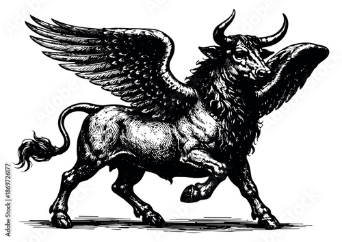 Engraved illustration of a winged bull depicting a powerful mythological creature for ancient symbolism
