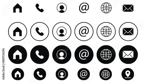 A collection of black and white icons representing communication and navigation on a white background