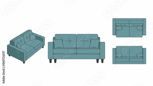 Illustration of a modern teal sofa set including a three-seater sofa, chaise lounge, and two armchairs in a minimalist white background