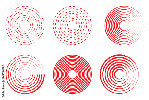 Radar icons, sonar waves, radial concentric signal circles, echo sounder symbols. Vector linear black and white and halftone illustration isolated on a transparent background.