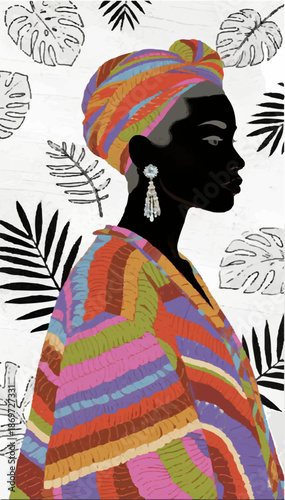 Styled illustration of an African-American woman in a robe and a towel on her head. Vector graphics. EPS.