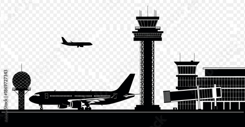 Airport silhouette with control tower and commercial airplanes