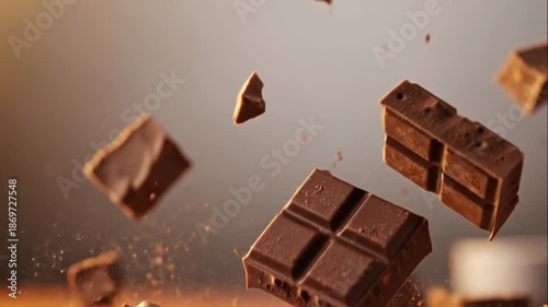 Falling chocolate chunks and cocoa dust explosion slow motion