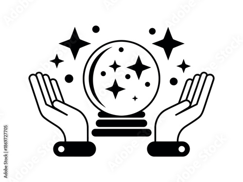 Mystical Crystal Ball with Hands and Stars, Magic and Fortune Telling Concept