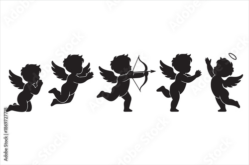 Cupid angel silhouettes with wings isolated on white background showing love mythology fantasy archery romance and valentine themed illustration concept 