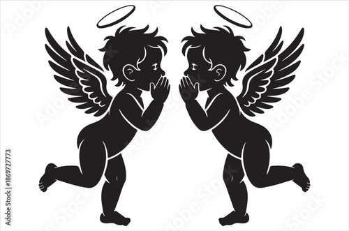 Cupid angel silhouettes with wings isolated on white background showing love mythology fantasy archery romance and valentine themed illustration concept 