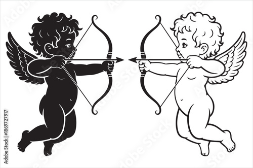 Cupid angel silhouettes with wings isolated on white background showing love mythology fantasy archery romance and valentine themed illustration concept 