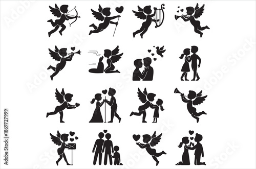 Cupid angel silhouettes with wings isolated on white background showing love mythology fantasy archery romance and valentine themed illustration concept 