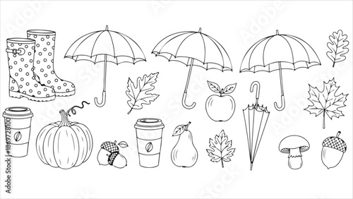 Set of autumn season doodle elements line art vector illustration.