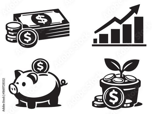 Simple financial icon set featuring money bills, coins, a growth chart, a piggy bank, and a money plant for savings and investment concepts