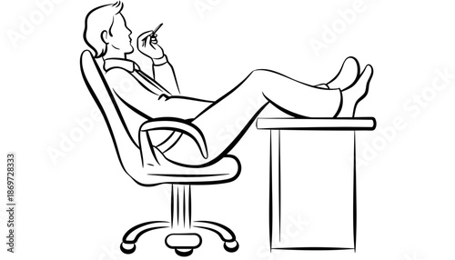 A relaxed businessman sitting in an office chair with his feet on the desk