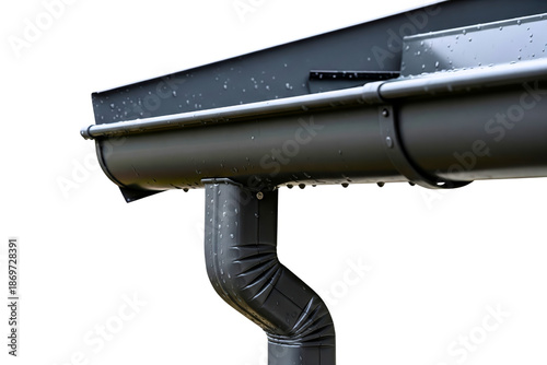 Black metal rain gutter system with downspout pipe connector isolated with transparent background