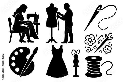 Fashion design icons: sewing, tailoring, and creative tools