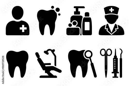 Dental icons set with teeth, tools, dentist, and products