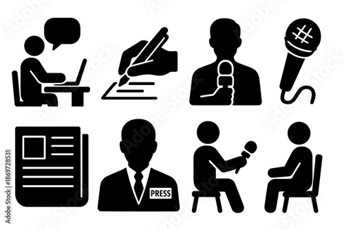 Journalism icons: interview, writing, reporting, microphone, newspaper