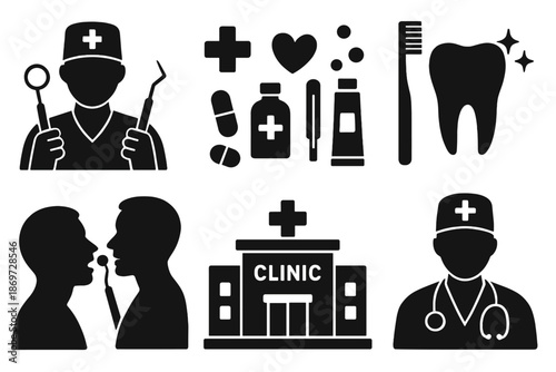 Dental care icons set: clinic, dentist, tools, tooth, medicine, healthcare symbols