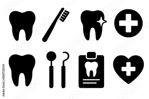 Dental icons: tooth, toothbrush, hygiene, health, tools, checkup, care, sparkle, heart