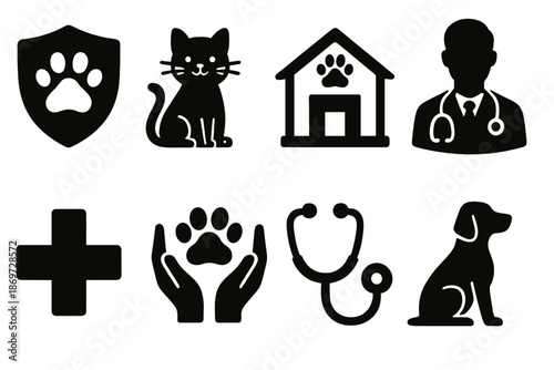 Veterinary and pet care icons set featuring cat, dog, and medical symbols