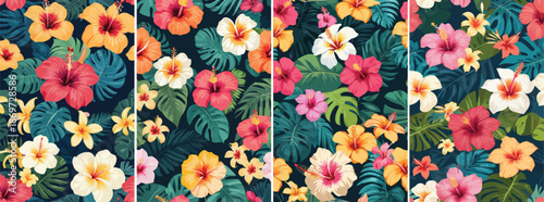 Seamless vector pattern with mixed tropical flowers including hibiscus, plumeria, and monstera leaves, vibrant colors, fresh summer mood