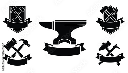 A set of black and white icons featuring tools and an anvil on a white background