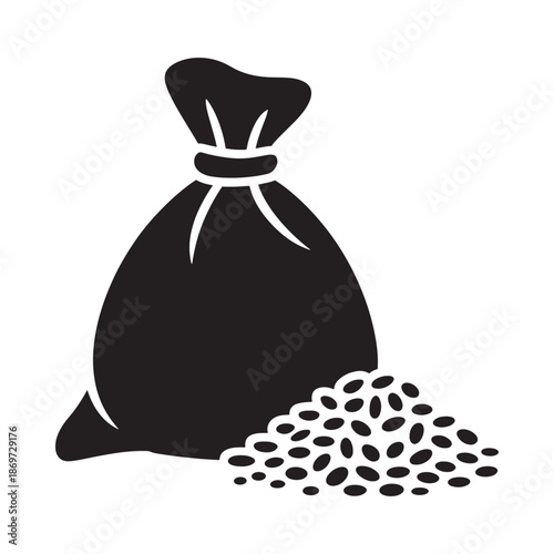 A simple black silhouette of a sack and spilled grain or seeds