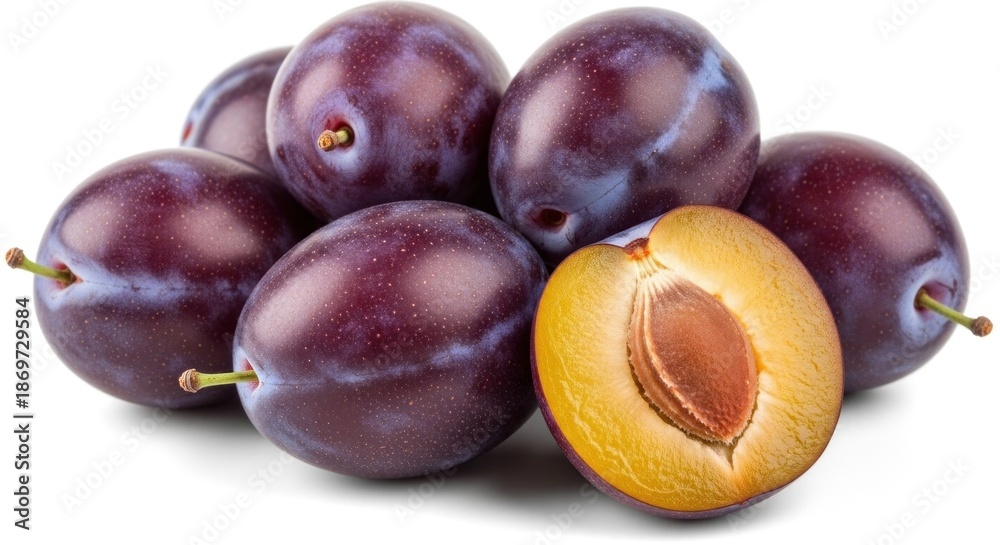 Obraz premium A pile of plums with one cut open to reveal the pit.