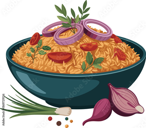 A beautiful bowl holds savory pilaf, garnished with fried onion, herbs, and spices vector on white background.