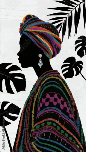 Styled illustration of an African-American woman in a robe and a towel on her head. Vector graphics. EPS.
