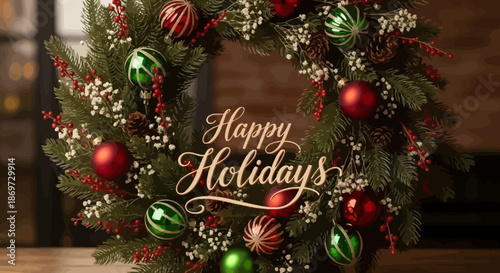 A festive christmas wreath adorned with red and green ornaments and happy holidays text on a brown background with decorations and seasonal and greeting