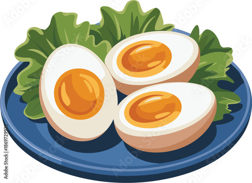 Delicious boiled and halved eggs with lettuce arranged on a blue plate food vector on white background.