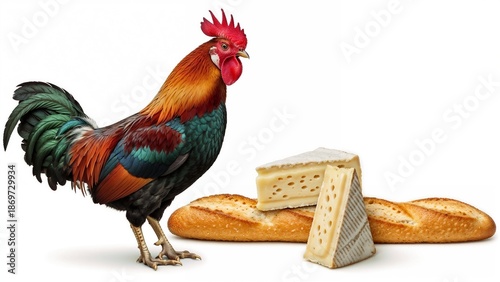 French rooster standing next to slices of bread and cheese  