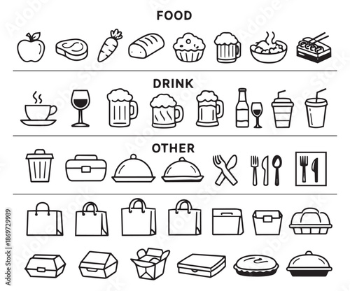 Hand drawn line art food and drink icons set featuring a diverse range of items including meals, beverages, and packaging for restaurants, cafes, and delivery services