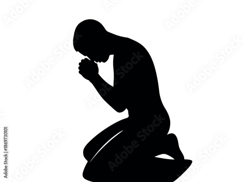 Silhouette of Man Kneeling in Prayer, Hands Clasped in Devotion and Reflection