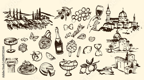 Hand drawn food and drink illustration with ink brushstroke texture, wine glass and eatery doodles, Florence architecture sketch and European landscape design