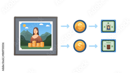 An expensive classic painting in a gallery with a digital grid overlaying it, showing it divided into small tradable tokens, NFT art concept