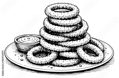 Hand drawn line art illustration of onion rings and dipping sauce depicting a stack of crispy rings on a plate for restaurant menus