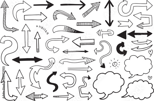 Hand drawn arrow doodle set with speech bubbles and curved navigation marks