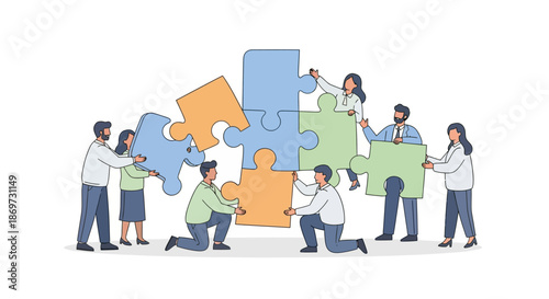 A diverse group of business professionals working together to assemble a large puzzle representing teamwork collaboration and problem solving in a corporate setting