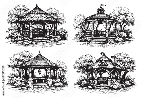 Hand drawn line art gazebo set featuring various garden structures for landscape and architectural design
