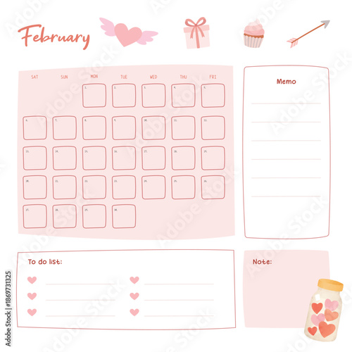 Cute journal monthly planner notes in valentine love pink theme doodle template. Creative memo page for scrap book, print, diary, design, notebook