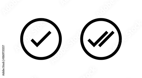 Tick and double check mark icon in circular outline. Sent message symbol