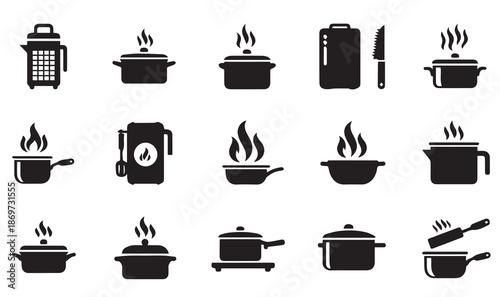 Kitchen Cookware and Cooking Utensils Vector Icons Set - Pots, Pans, and Culinary Tools