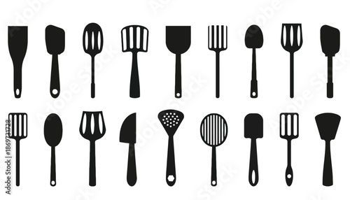 A collection of kitchen utensils and cooking tools in black silhouette on a white background