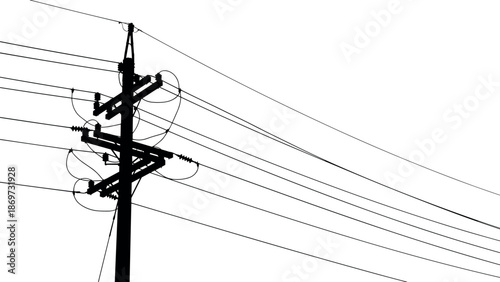 Silhouette Illustration of a Power Pole with Electrical Utility Lines and Insulators Isolated on a White Background for Modern Industrial Design