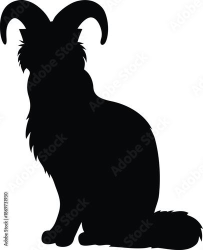 Mysterious Black Silhouetted Creature with Ram Horns and Fluffy Fur Seated Upright