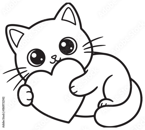 Doodle coloring book page cat with balloons. Valentine day illustration