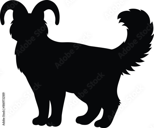 Mystical fantasy creature silhouette with horns and a fluffy tail standing