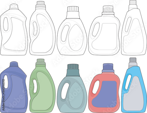 Detergent bottle illustration set featuring both outline and full color styles with various bottle shapes and label areas.